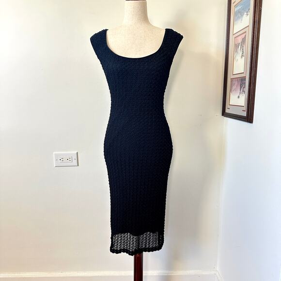 VTG Niki Livas Black Textured Midi Dress 10 Bodycon Evening USA 90s Minimalist - Picture 2 of 10